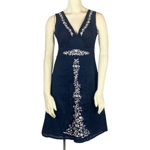 Eddie Bauer Womens A Line Dress Blue White Floral Embroidered V Neck Cotton 2